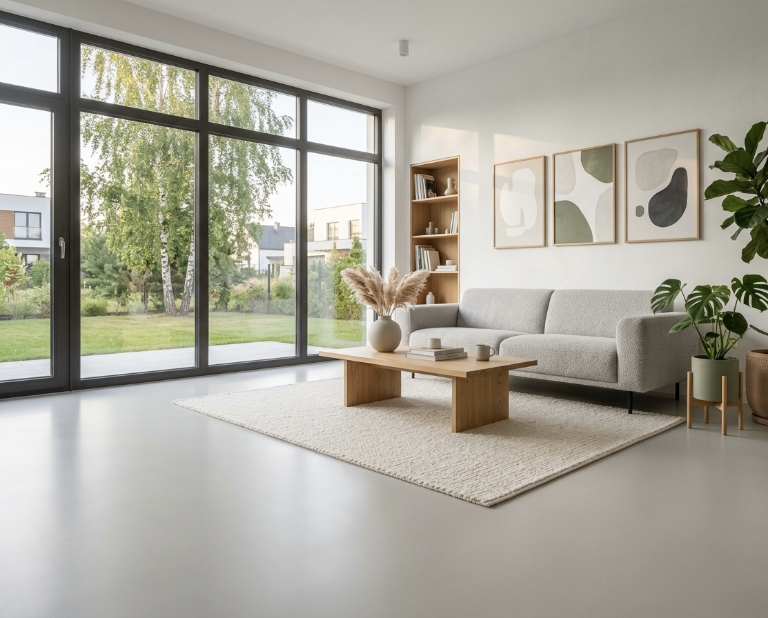 Salon z jasnoszarą posadzką żywiczną w jednolitym kolorze RAL 7035