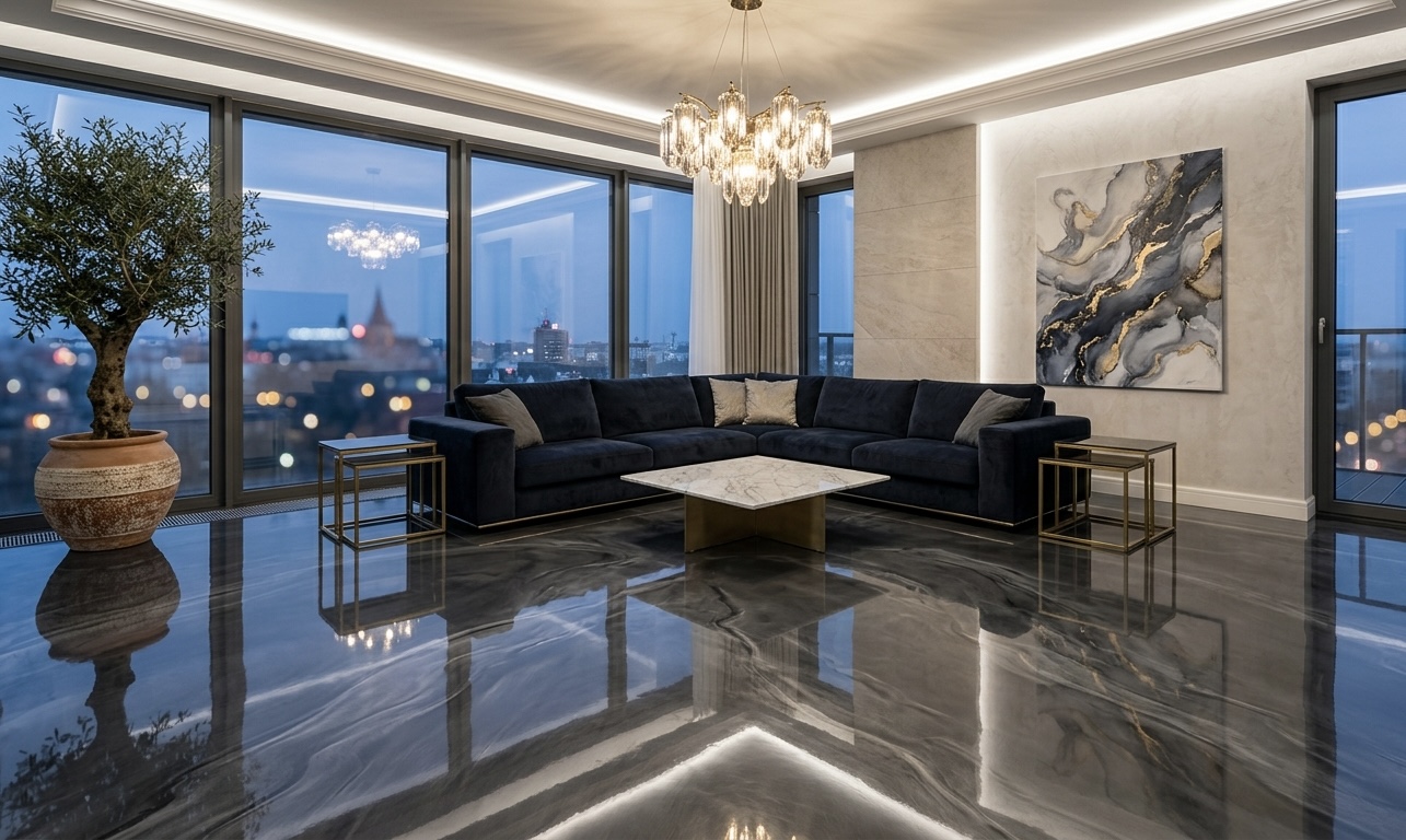 Penthouse z grafitową metaliczną posadzką żywiczną