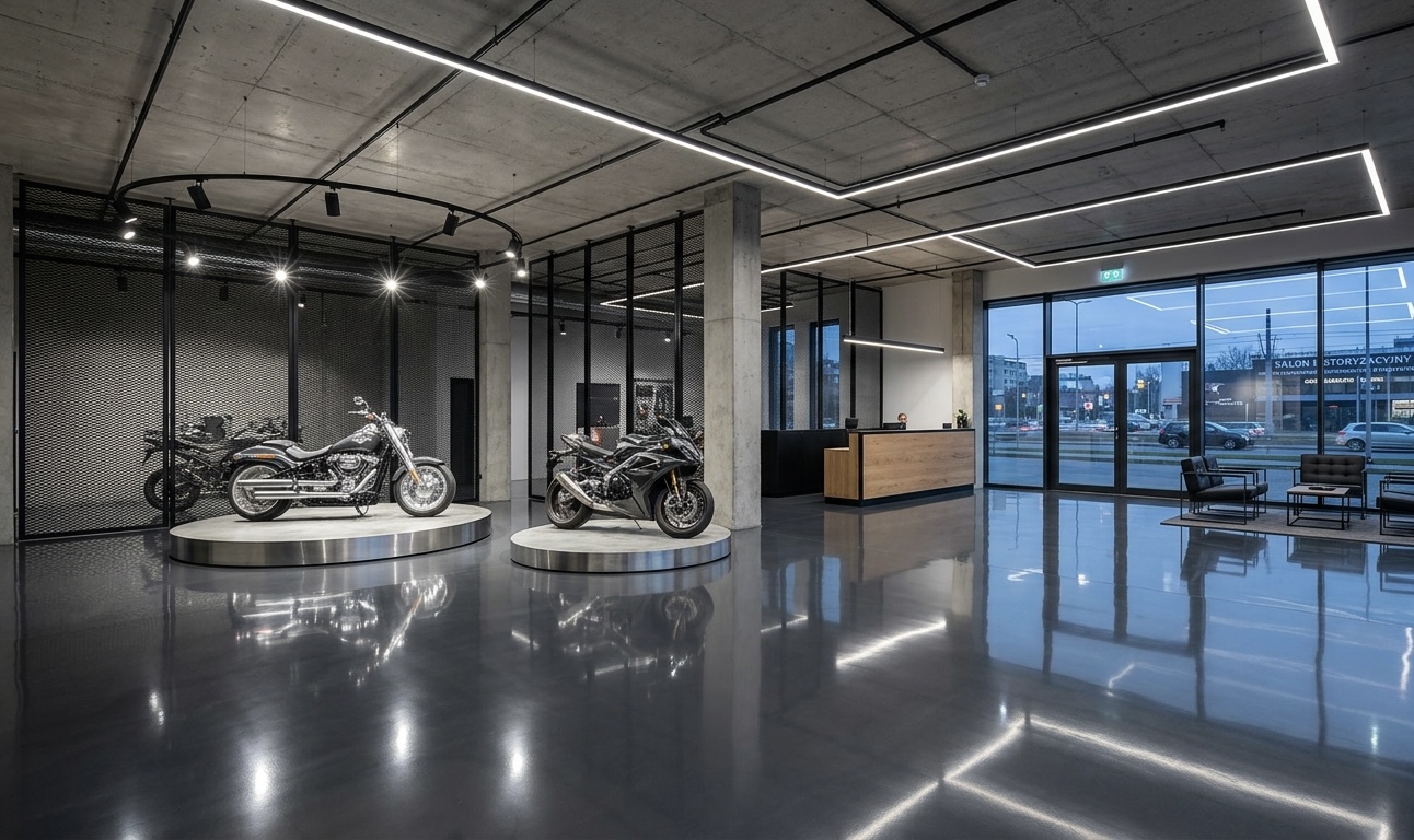 Showroom motoryzacyjny z grafitową posadzką żywiczną
