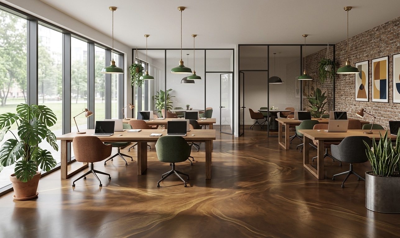 Biuro coworking z miedzianą metaliczną posadzką żywiczną