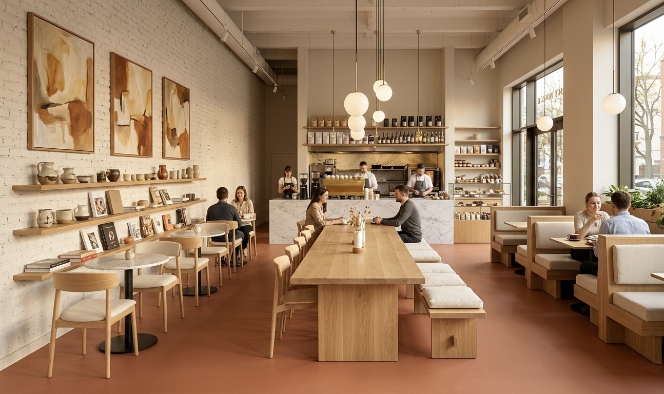 Restauracja kawiarnia z terakotową matową posadzką żywiczną
