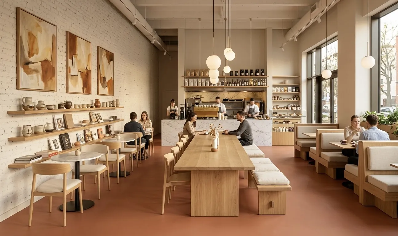Restauracja kawiarnia z terakotową matową posadzką żywiczną