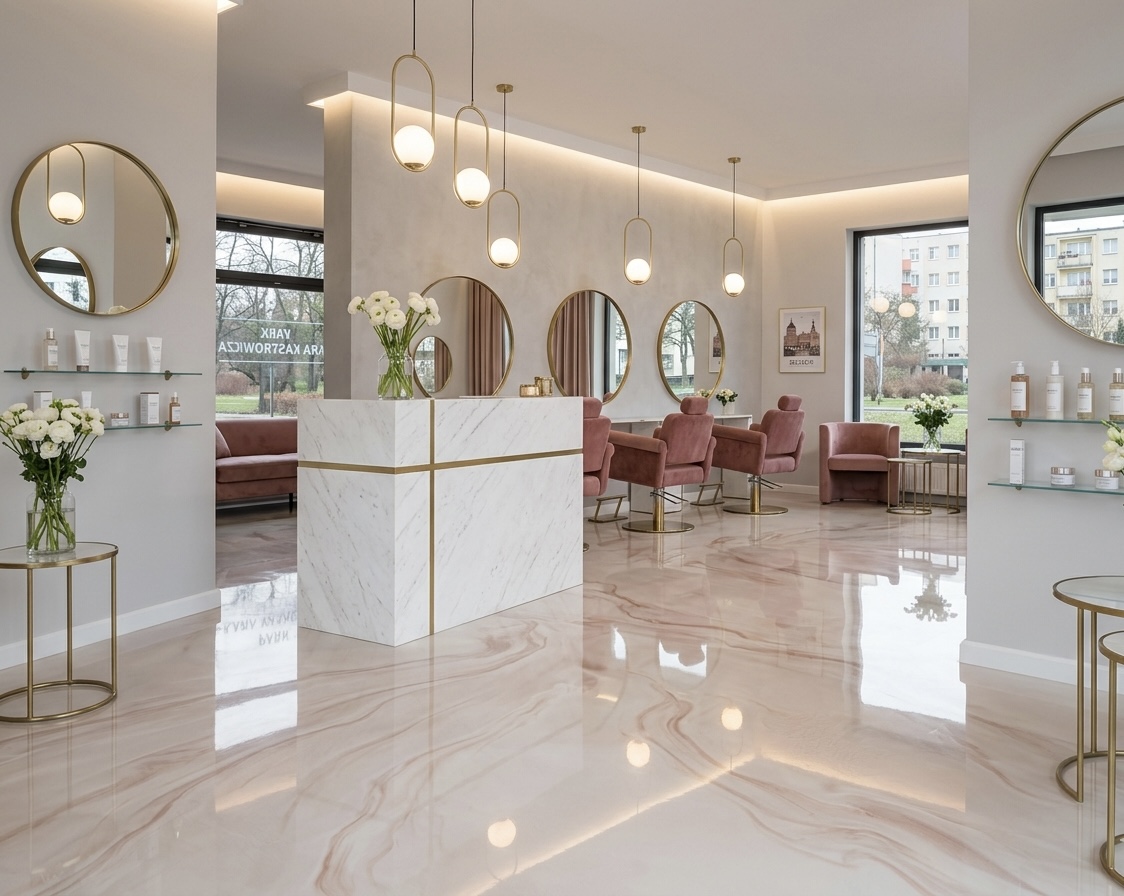 Salon kosmetyczny z perłową różową metaliczną posadzką