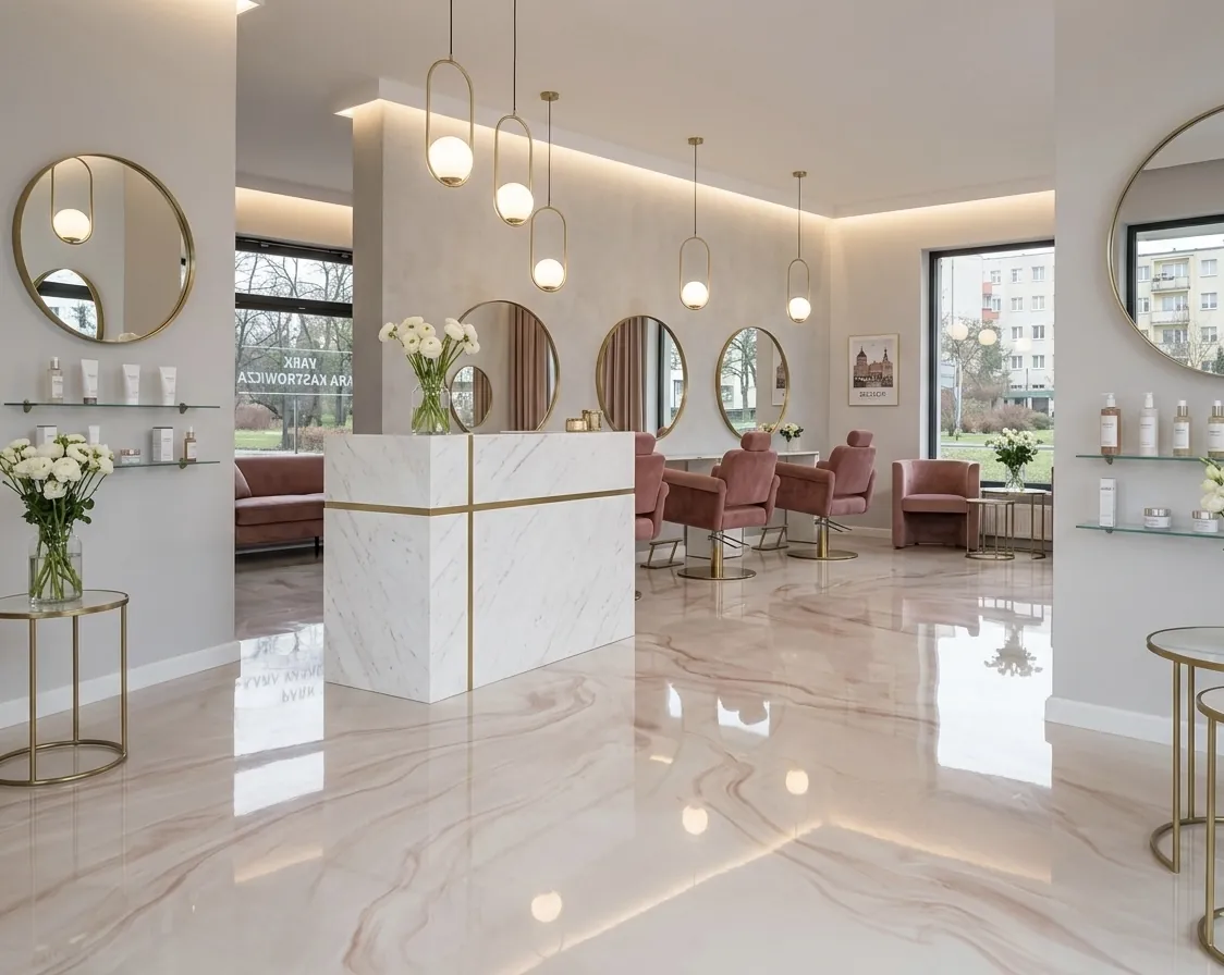 Salon kosmetyczny z perłową różową metaliczną posadzką